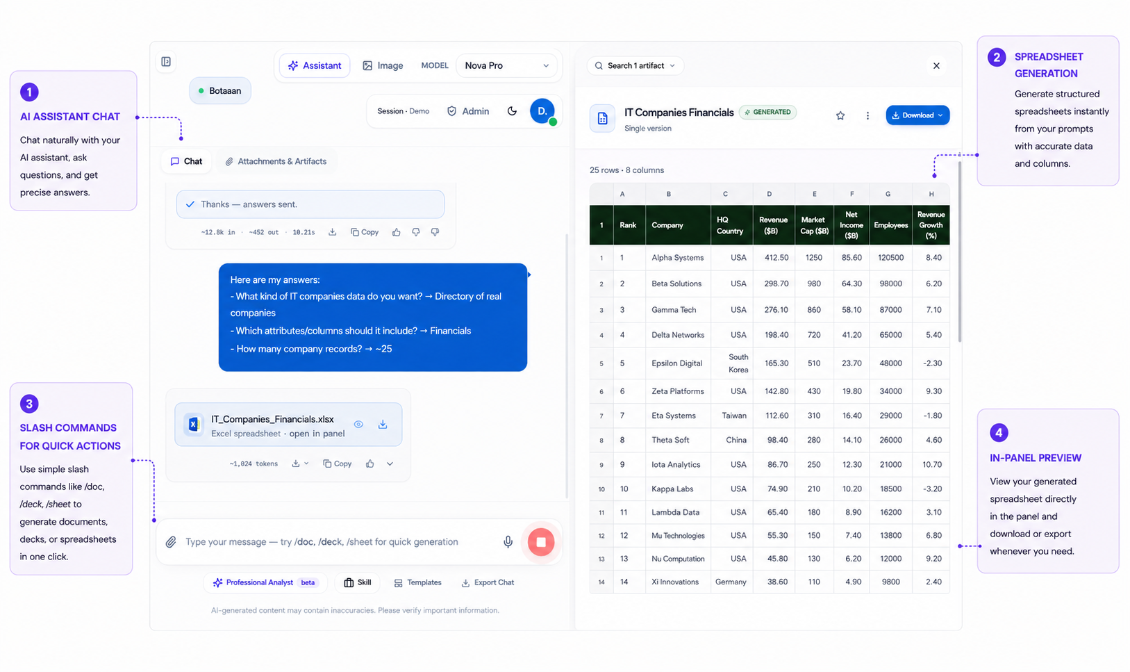 Bayaan spreadsheet generation workflow using demonstration company data